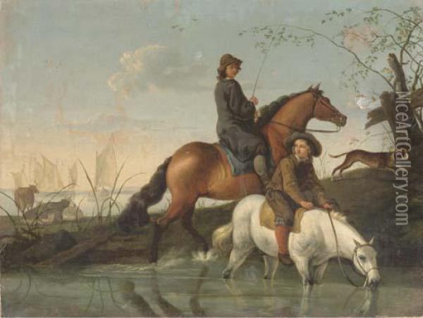 A Man On Horseback With A Boy Watering His Horse In A Stream Oil Painting - Abraham Van Calraet