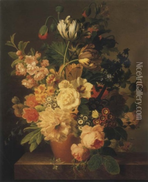 Roses, Tulipes, Liseron, Dahlias Et Autres Fleurs Dans Un Pot En Terre Sur Un Entablement En Marbre Oil Painting - Jan Frans Van Dael