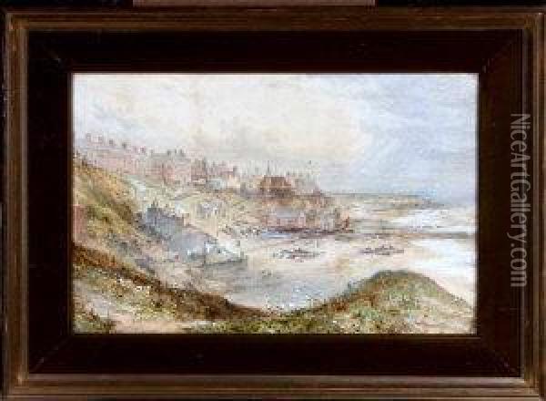 Cullercoats Bay With Cobles On The Beach Oil Painting - Charles F. Robinson