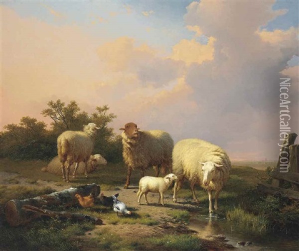 Sheep And Chickens In An Extensive Landscape With A Town Beyond Oil Painting - Frans Keelhoff