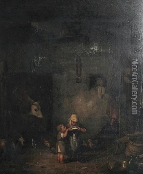 A Barn Interior With Children Drinking Milk From A Bowl Oil Painting - Ignaz Raffalt
