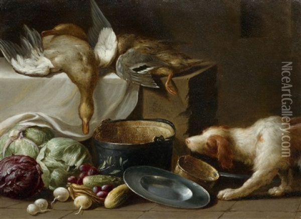 Kuchenstillleben Mit Enten, Vielerlei Gemuse, Kuchengeschirr Und Einem Hund Oil Painting - Jan Weenix