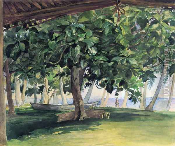 View From Hut At Vaiala In Upolu Bread Fruit Tree War Drums And Canoe Nov 19th 1890 Oil Painting - John La Farge