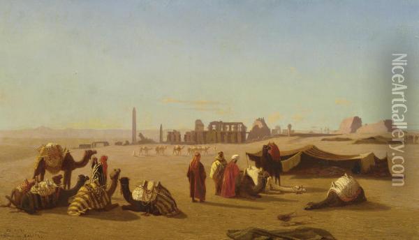 A Caravan At Rest, The Temple Of Karnak, Thebes In The Distance Oil Painting - Charles Theodore Frere