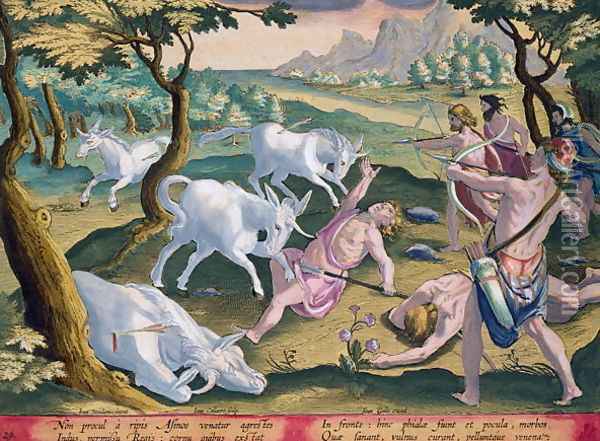 Unicorns on the Banks of the Indus, Hunted by Permission of the King, plate 29 from Venationes Ferarum, Avium, Piscium Of Hunting Wild Beasts, Birds, Fish engraved by Jan Collaert 1566-1628 published by Phillipus Gallaeus of Amsterdam Oil Painting - Giovanni Stradano