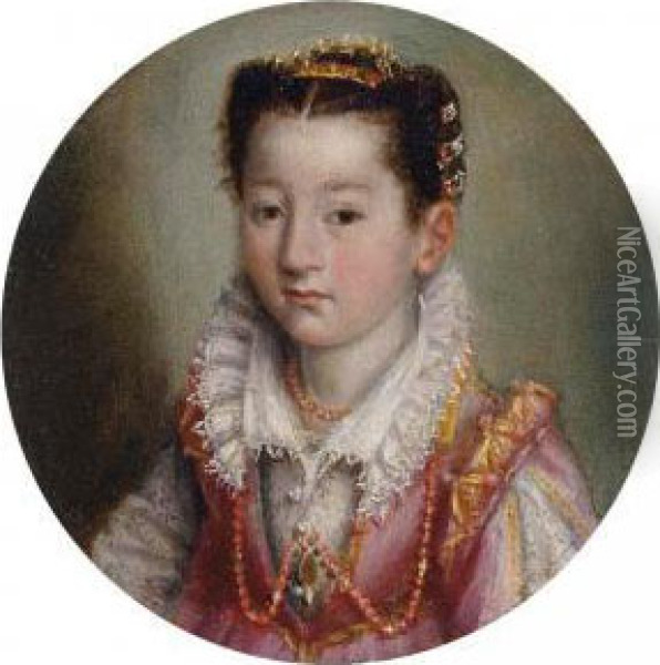 Portrait Of A Girl, In A Pink Embroidered Dress, Wearing A Coral Necklace Oil Painting - Lavinia Fontana
