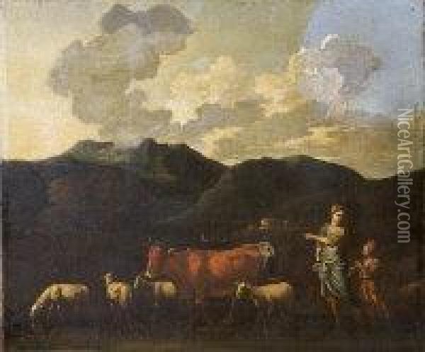 A Southern Mountainous Landscape With Figures & Animals Oil Painting - Michiel Carre