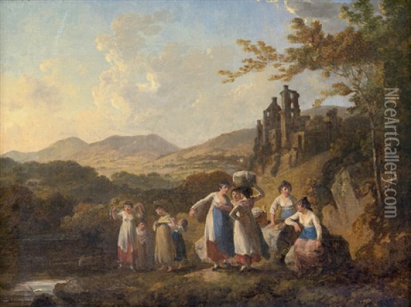 Die Ruinen Von Roslin Castle, Schottland Mit Wascherinnen Am Fluss North Esk Oil Painting - Julius Caesar Ibbetson