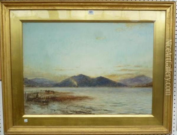 A Mountainous Lake Landscape With Steamboat Oil Painting - Herbert John Finn