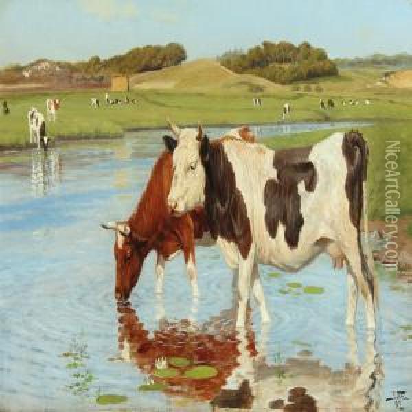 Cows By A Waterhole Oil Painting - Poul Steffensen