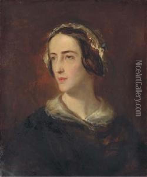 Portrait Of The Artist's Wife, In A Black Dress With A White Collar, Half-length Oil Painting - John Phillip