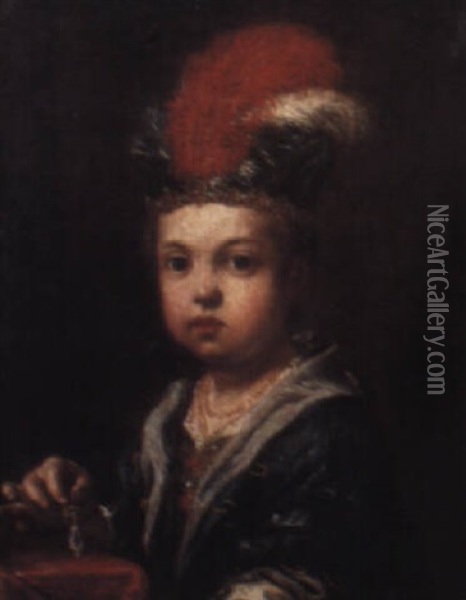 A Child, Half Length, Wearing A Feathered Cap, Holding A Pearl Earring Oil Painting - Antonio Mercurio Amorosi