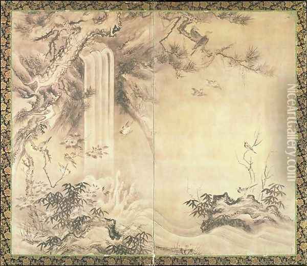 Two Fold Screen depicting Birds and Waterfall Oil Painting - Eitoku Kano