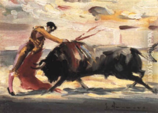 The Bullfight Oil Painting - Jose Navarro Llorens