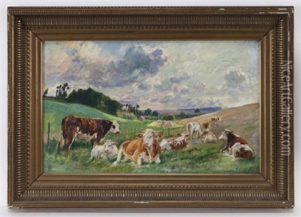 Untitled (cows In Pasture) Oil Painting - Raymond (Louis) le Court