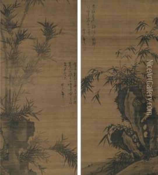 Bamboo And Rock Oil Painting - Wu Zhen