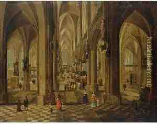 The Onze Lieve Vrouwe Cathedral 
In Antwerp With A Service In The Side Chapel And Elegant Dressed Figures
 To The Foreground Oil Painting - Pieter Ii Neefs