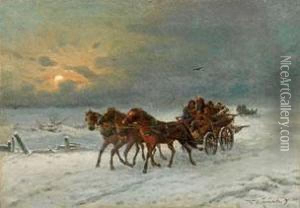 Russische Winterlandschaft Mit Pferdefuhrwerken Oil Painting - Joseph Friedrich N. Heydendahl