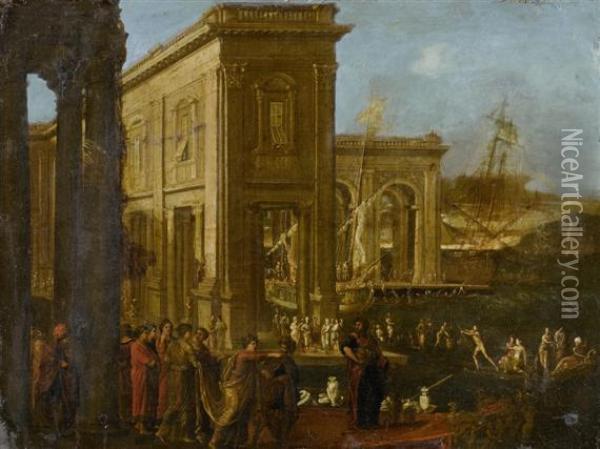 Palace Scene With Probably The Arrival Of The Queen Of Sheba Oil Painting - Agostino Tassi