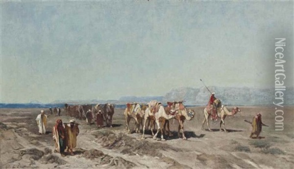 A Camel Train Oil Painting - Charles Emile de Tournemine