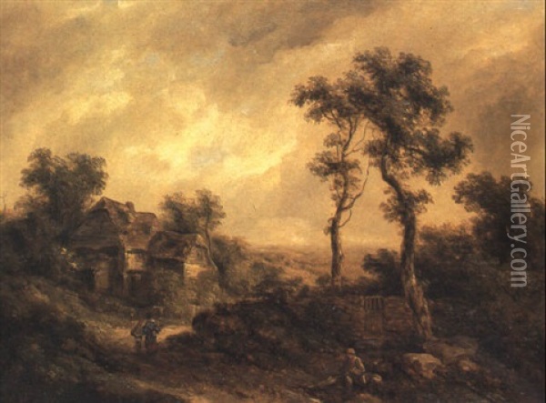 Wooded Landscape With Figures Nearing A Cottage Oil Painting - Richard H. Hilder