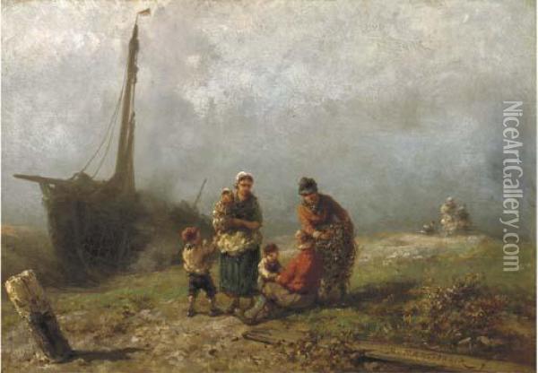 Fisherfolk In The Dunes Oil Painting - Johannes Hermann Barend Koekkoek