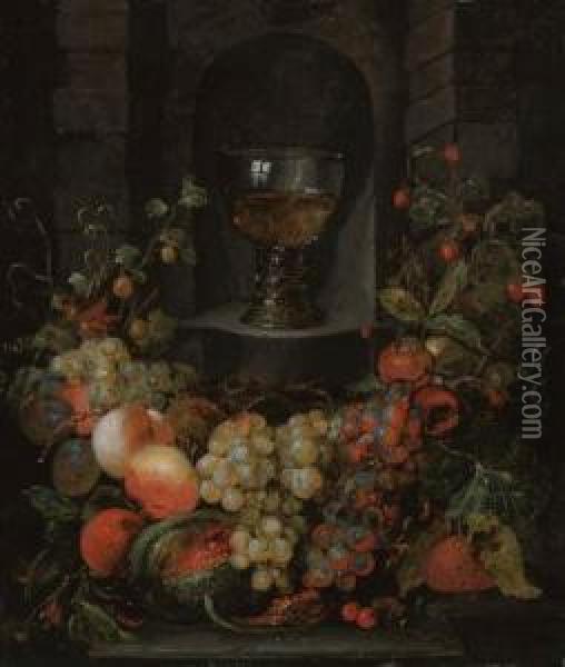 A Roemer In A Niche Surrounded 
By A Garland Of Grapes, Apples,strawberries And Other Fruit Oil Painting - Jan Pauwel Gillemans The Elder
