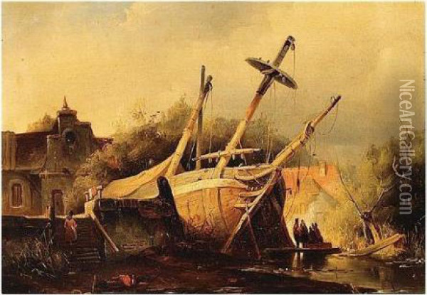 Attributed To , Shipwreck, Oil On Board, 25 X 31.5 Cm.; 10 X 12 1/4 In Oil Painting - Hermanus Jr. Koekkoek