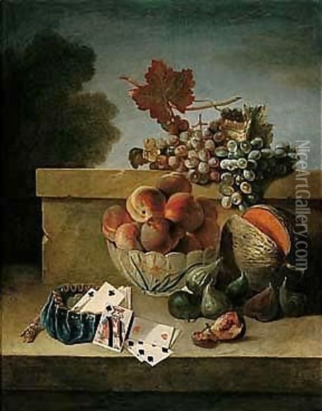 Still Life Of Peaches In A Porcelain Bowl, Together With Grapes, Figs, A Melon, And A Purse With Coins And Playing Cards, All Upon A Stone Ledge Oil Painting - Jean-Baptiste Oudry