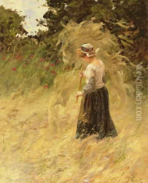 A Girl Harvesting Hay Oil Painting - Eugene Leon Labitte