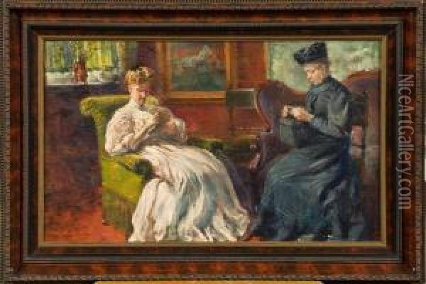 Femmes Tricotant Au Salon Oil Painting - Guillaume Van Strydonck