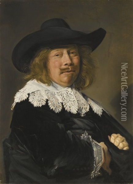 Portrait Of A Gentleman, Half-length In Black With Lace Collar And Cuffs, And Wearing A Broad-brimmed Black Hat Oil Painting - Frans Hals