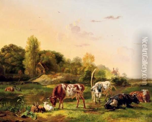 Cattle In A Meadow On A Sunny Day Oil Painting - Pieter Gerardus Van Os