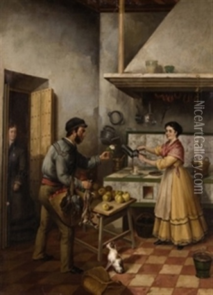 Galanteo En La Cocina Oil Painting - Andres Cortes y Aguilar