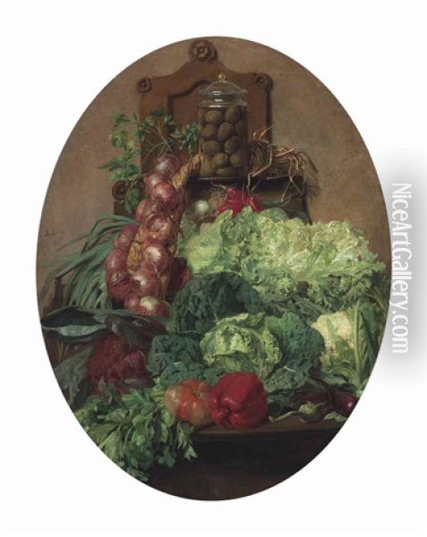 Vegetables On A Ledge Oil Painting - Josep Mirabent Gatell