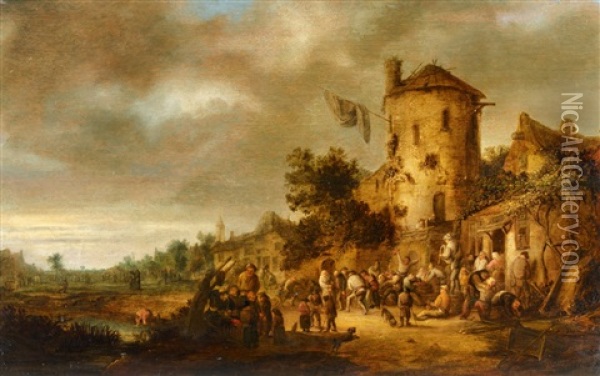 Village Fair With Dancing Peasants And A Bagpipe Player Oil Painting - Isaac Van Ostade