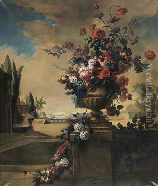 Flowers in a sculpted vase in a landscape Oil Painting - French School