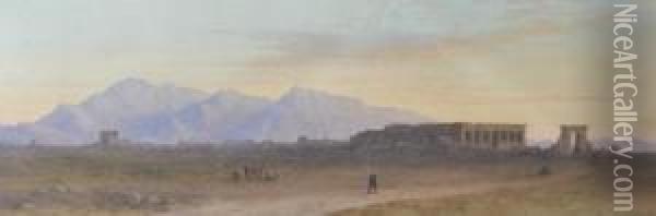 Figuresnear Egyptian Temple Ruins At Sunset Oil Painting - Charles Vacher