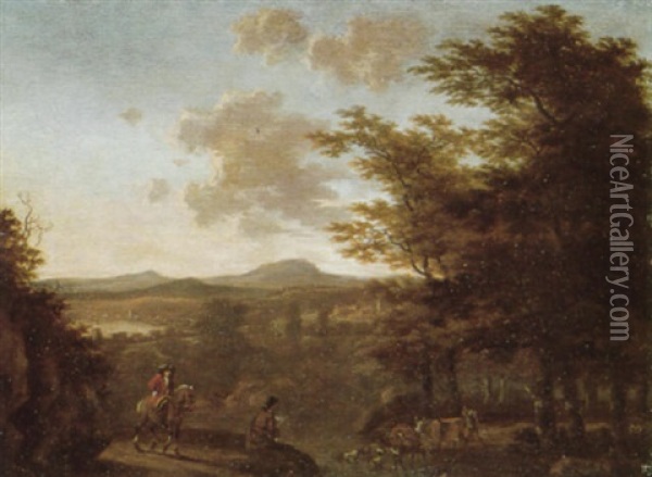 Travellers In An Italianate Landscape Oil Painting - Willem de Heusch