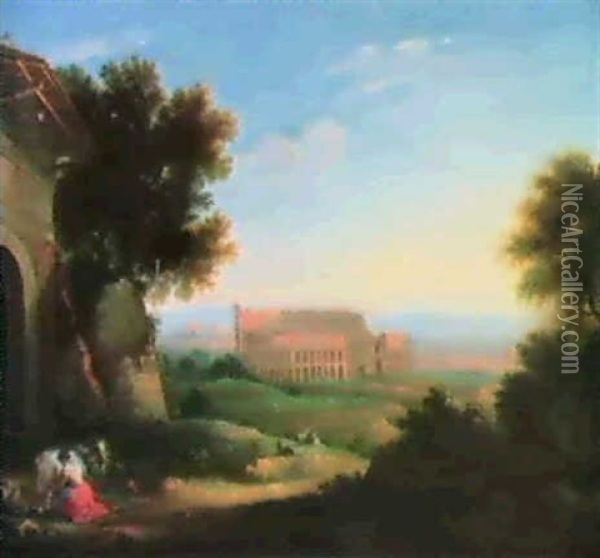 Paesaggio Romano Col Colosseo Oil Painting - Giacomo van (Monsu Studio) Lint