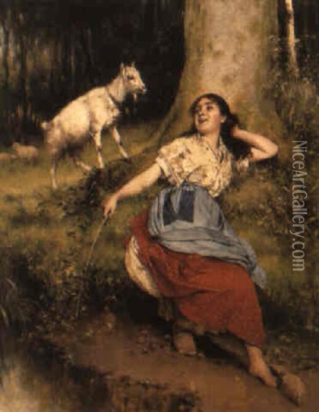 A Shepherdess Resting By A Tree Oil Painting - Evariste Carpentier