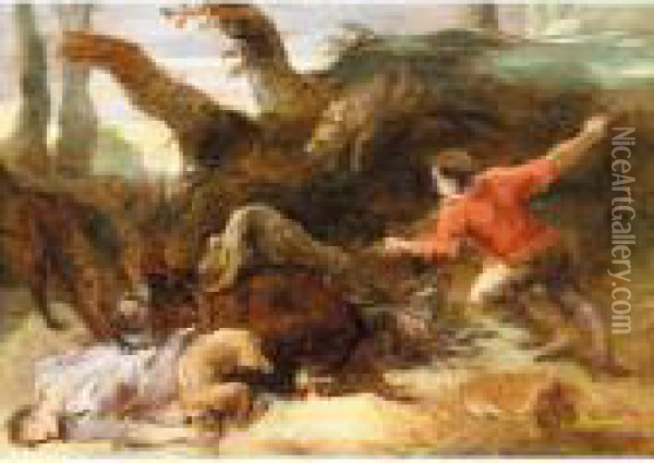A Boar Hunt - Possibly The Calydonian Boar Hunt Oil Painting - Peter Paul Rubens