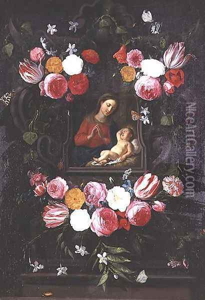 The Virgin and Child in a cartouche Oil Painting - Jan van Kessel
