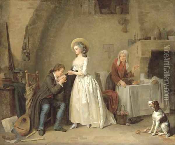 An amorous couple in an interior with an old woman preparing a meal Oil Painting - Louis-Marc-Antoine Bilcoq