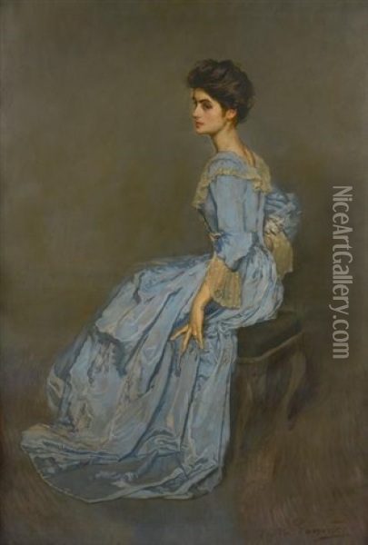 Portrait De Madame Gravier En Robe De Satin Bleu Et Dentelle Oil Painting - Antonio De La Gandara