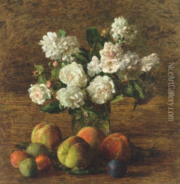 Nature Morte: Roses Et Fruits Oil Painting - Henri Fantin-Latour