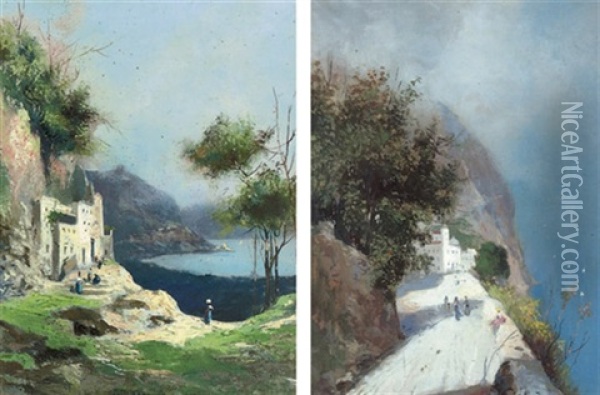 On The Way To Market (+ Peasant Girls On A Coastal Track, Capri; Pair) Oil Painting - Oscar Ricciardi