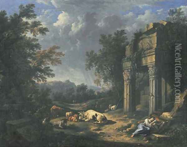A wooded landscape with travellers resting amongst classical ruins Oil Painting - Johann Franz Ermels