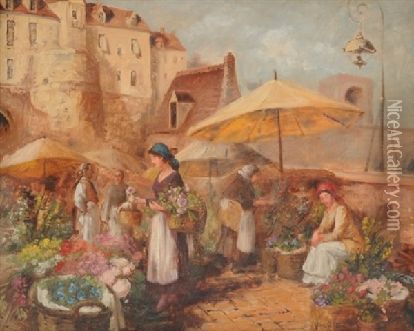 European Flower Market Oil Painting - Louis Comfort Tiffany