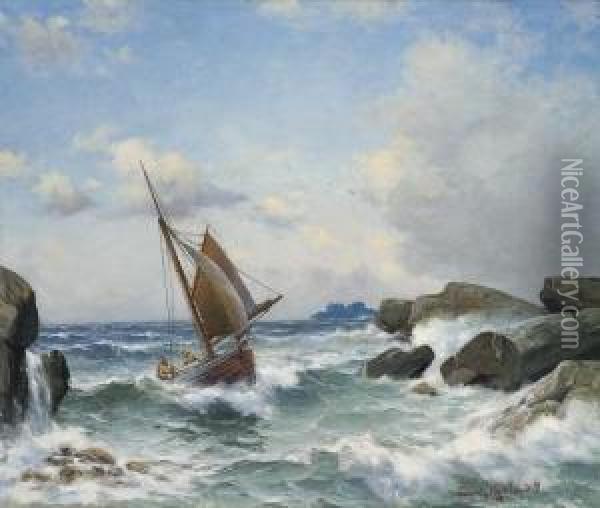 Sailing Boat In A Narrow Strait Oil Painting - Lars Laurits Larsen Haaland
